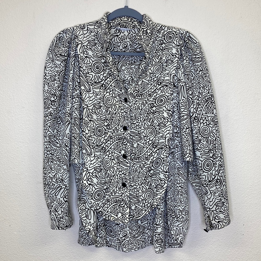 Vintage Balloon Sleeve Abstract Print Top